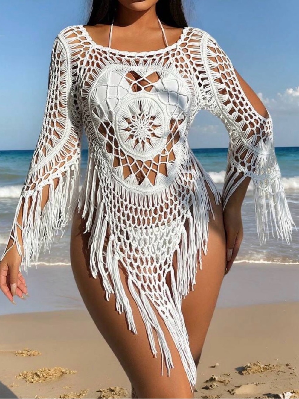NWOT-White Crochet Fringe Beach Cover-Up Tunic, never worn